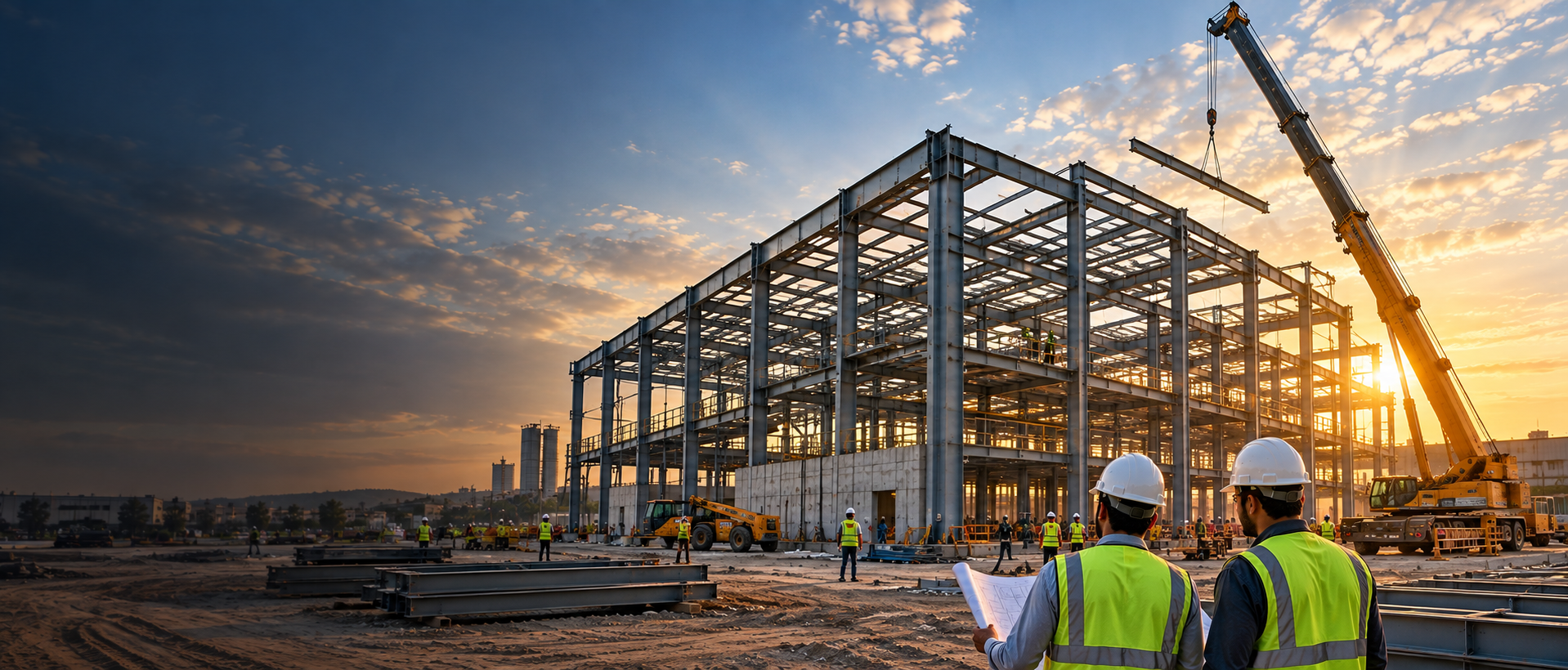 Steel structure under construction with cranes and engineers
