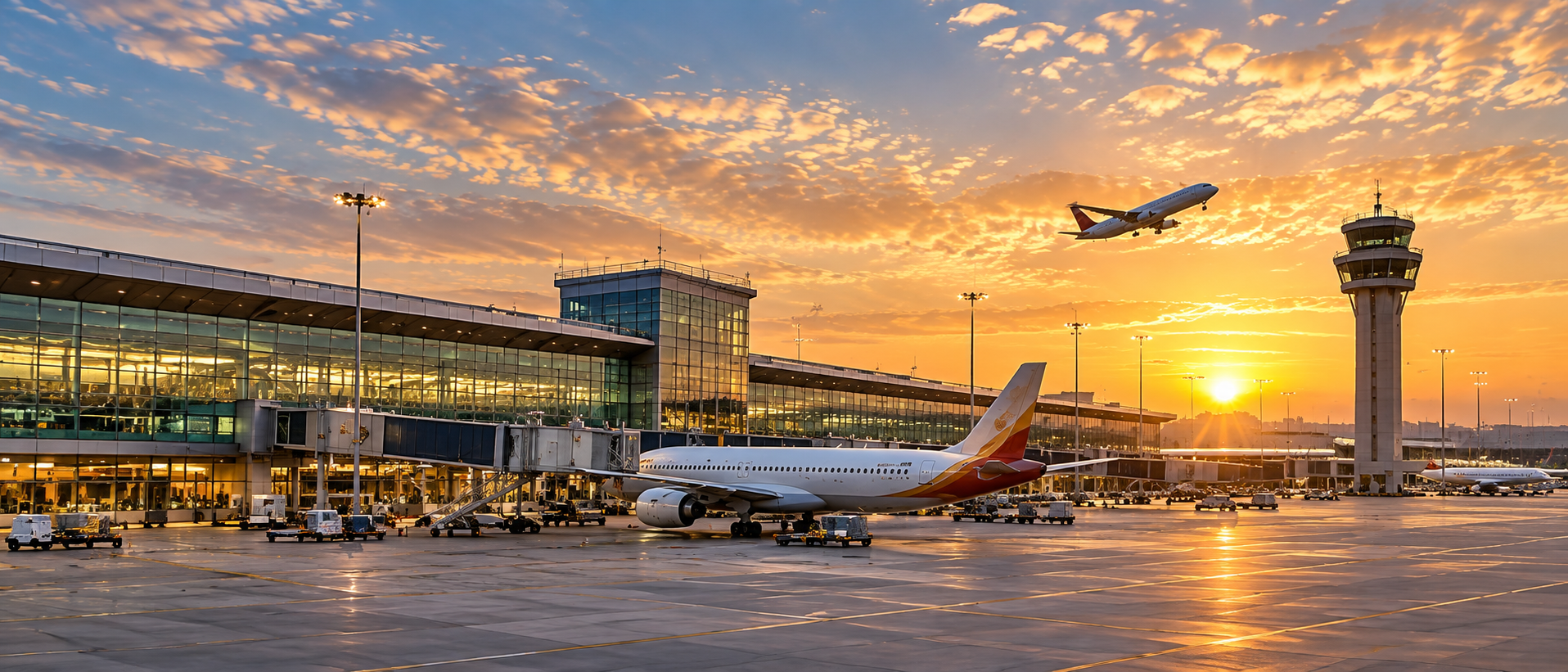Modern airport infrastructure at sunset